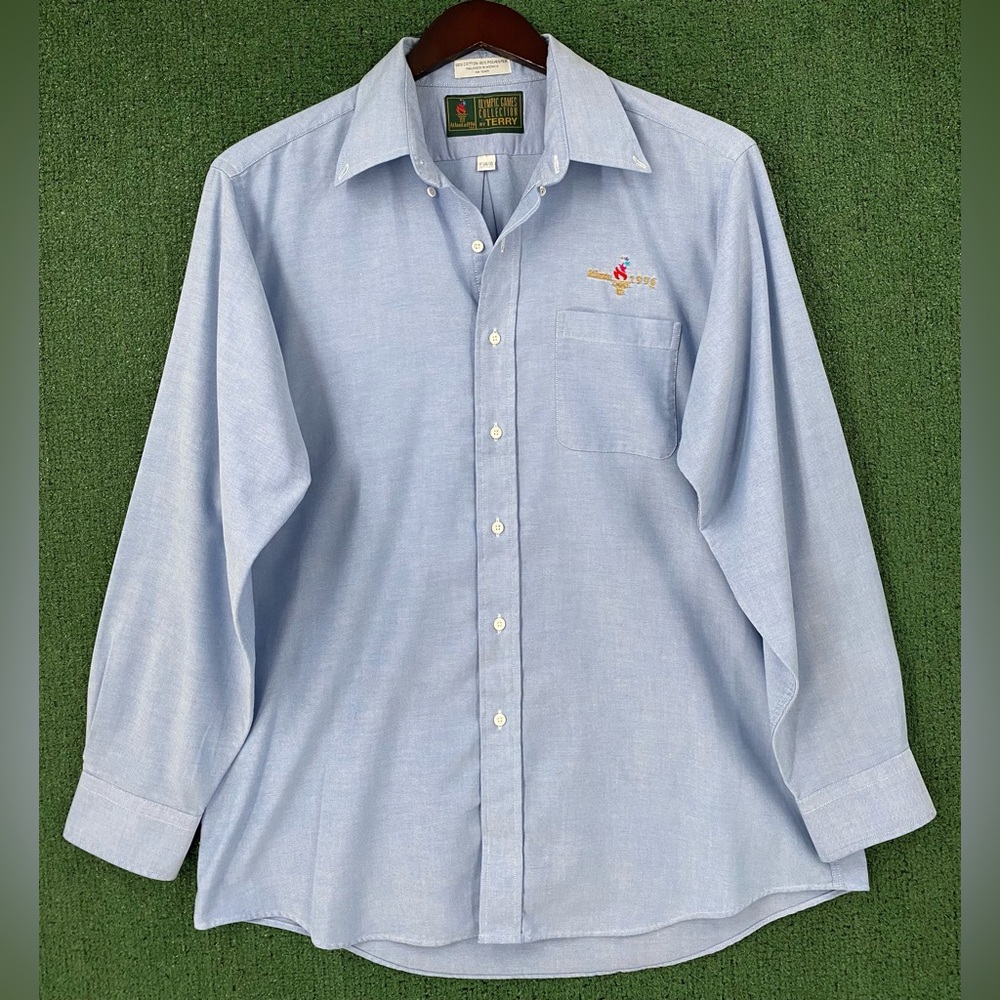 Vintage 1996 Atlanta Olympics Embroidered Blue Button Down Shirt Men’s Size XL